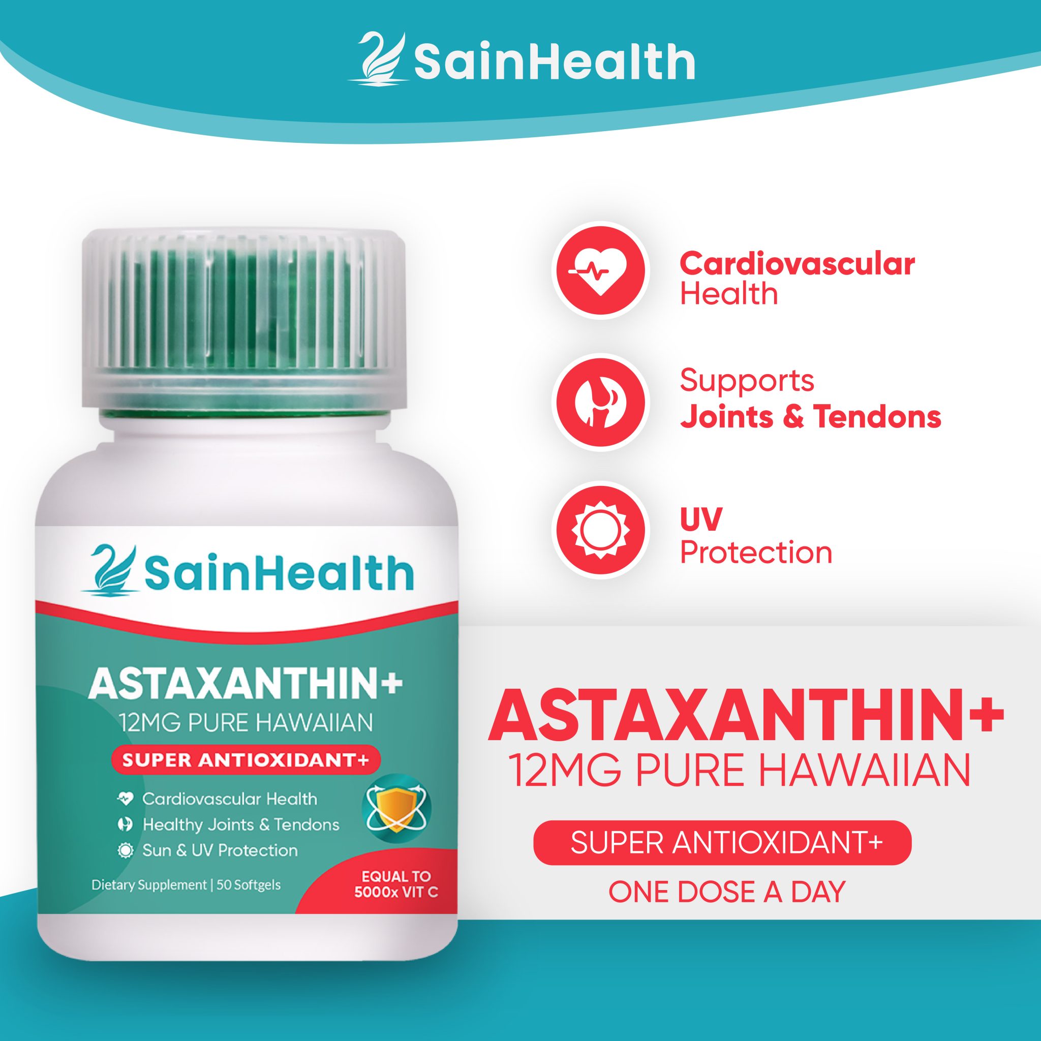 Sainhealth Astaxanthin 12 Mg Pure Hawaiian Powerful Antioxidant 50 Softgels For Immune 