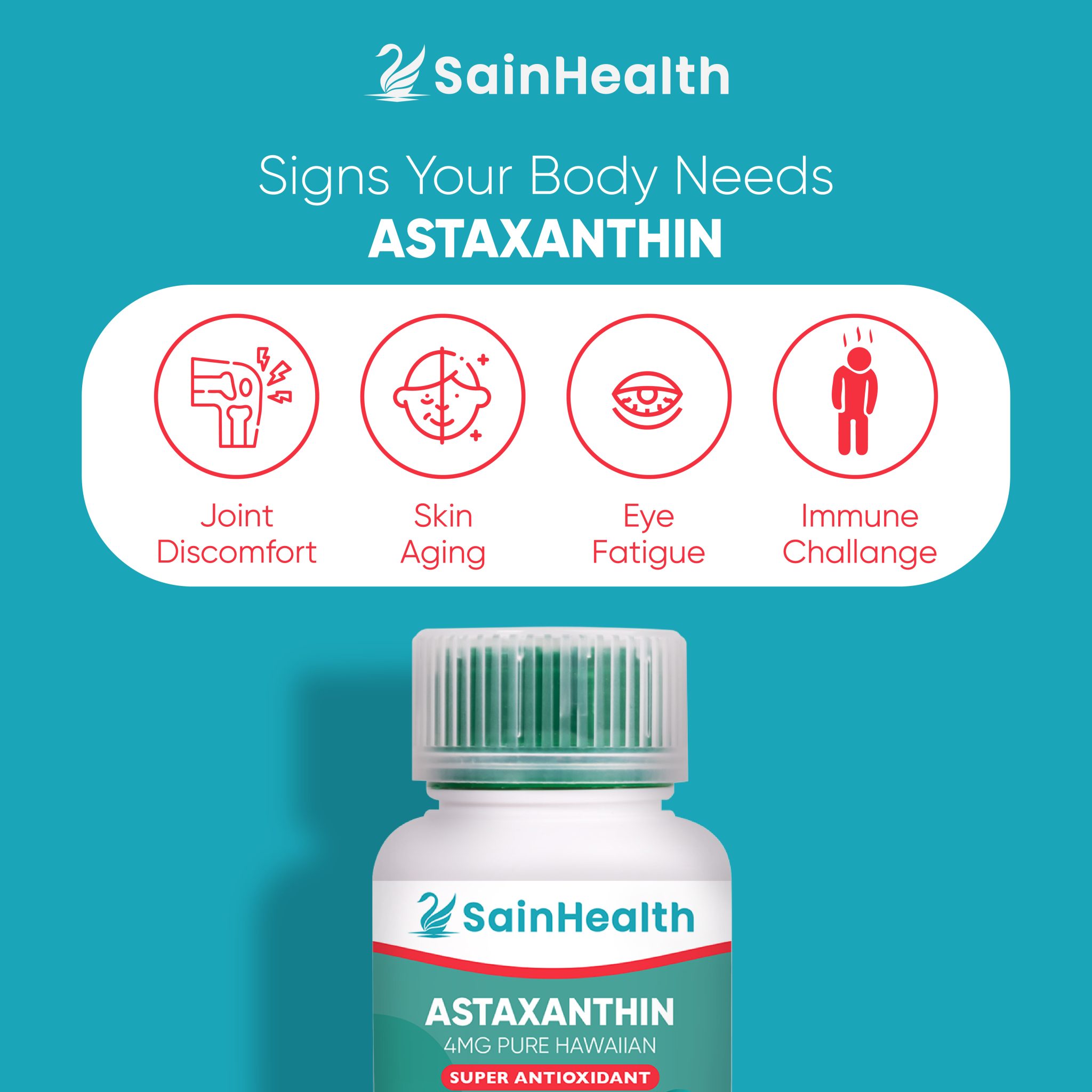 Sainhealth Astaxanthin 4mg Pure Hawaiian Powerful Antioxidant 60 Softgels For Immune 