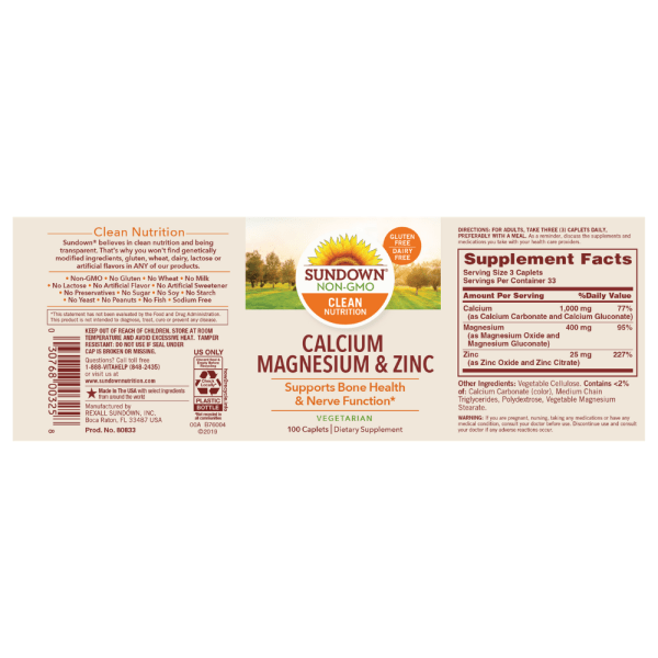 Sundown Naturals Calcium, Magnesium & Zinc, 100 caplets Vitamin SG